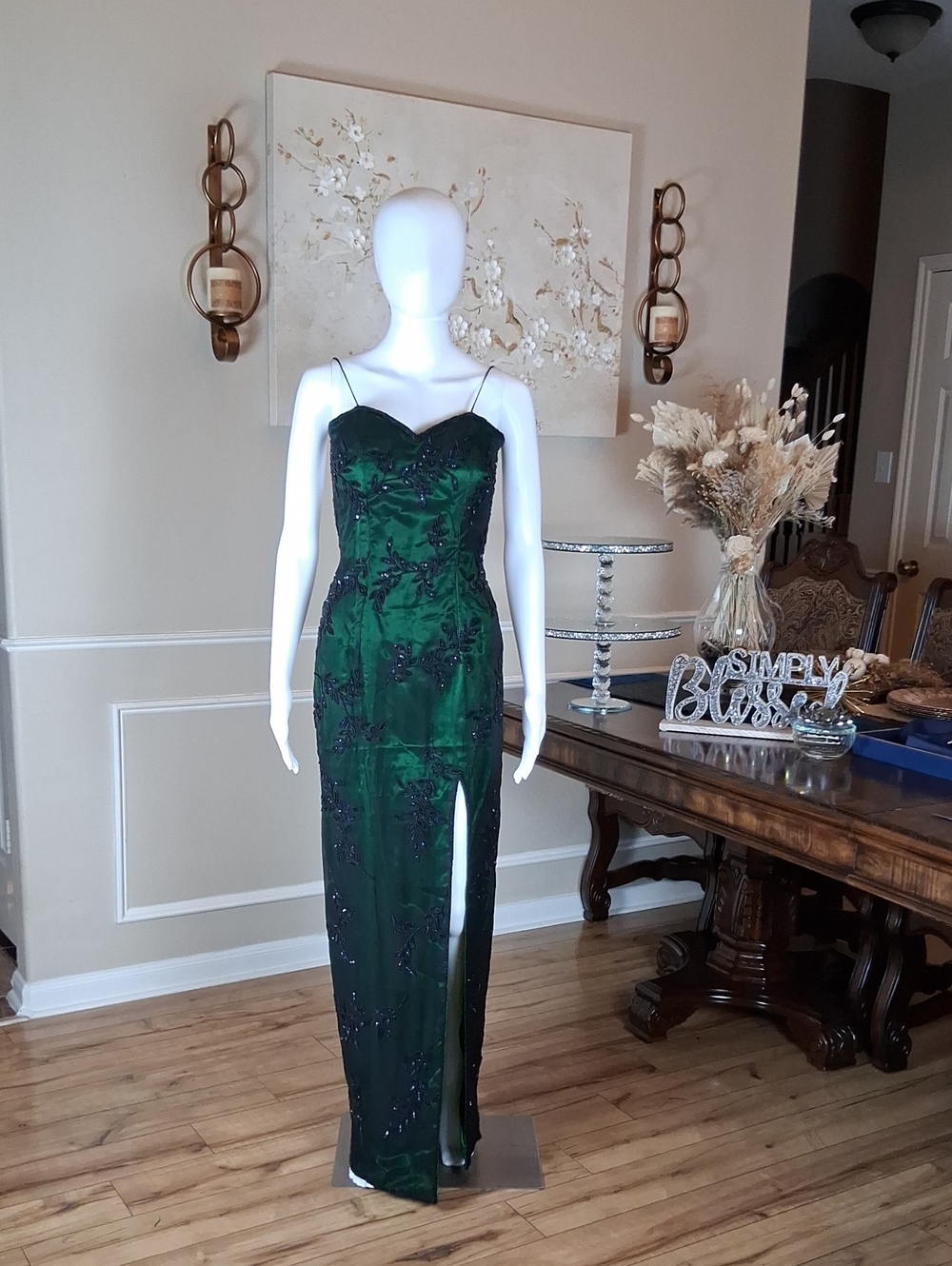 Women's Emerald Green Beaded Spaghetti-Strap Floor Length Evening Gown Size S - Picture 6 of 16